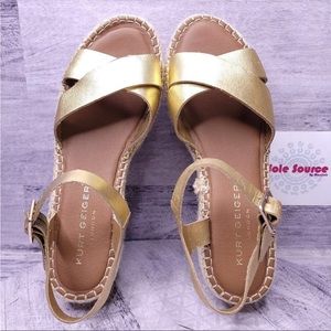 NEW Kurt Geiger Arlo Leather Platform Wedge Espadrille Sandal Gold Women's 9